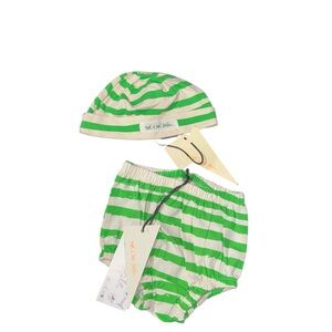 Noe & Zoe Green and White Striped baby  Hat and bloomers  Set
